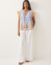 Cece Woodblock Print Top, Blue (BLUE), large