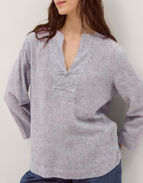 Alexis Stripe Linen-Blend Top, Blue (NAVY), large