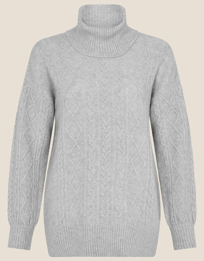 Cable Knit Cowl Neck Jumper, Grey (GREY), large
