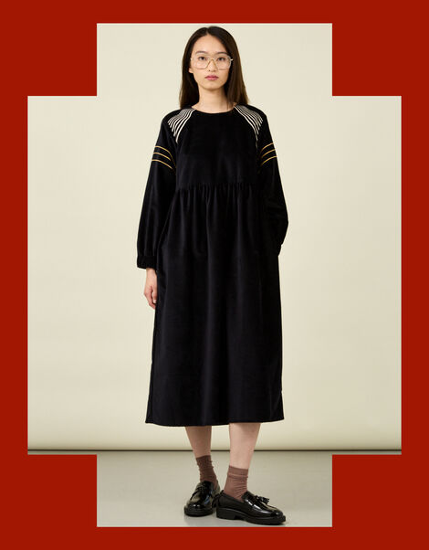 Tallulah and Hope Embroidered Velvet Midi Dress, Black (BLACK), large