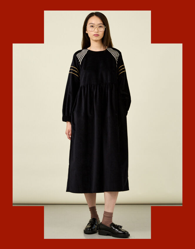 Tallulah and Hope Embroidered Velvet Midi Dress, Black (BLACK), large