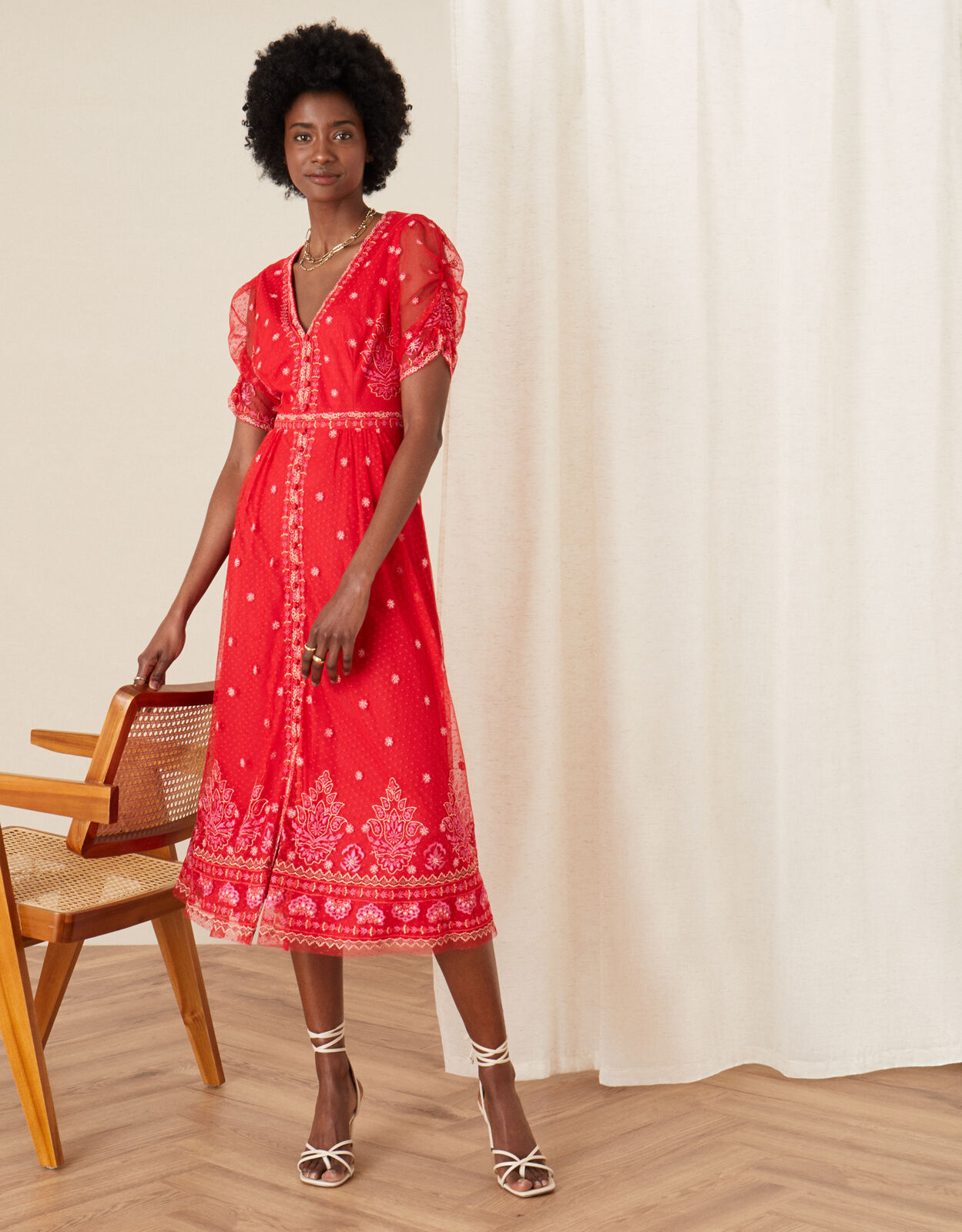 Embroidered mesh midi dress best sale
