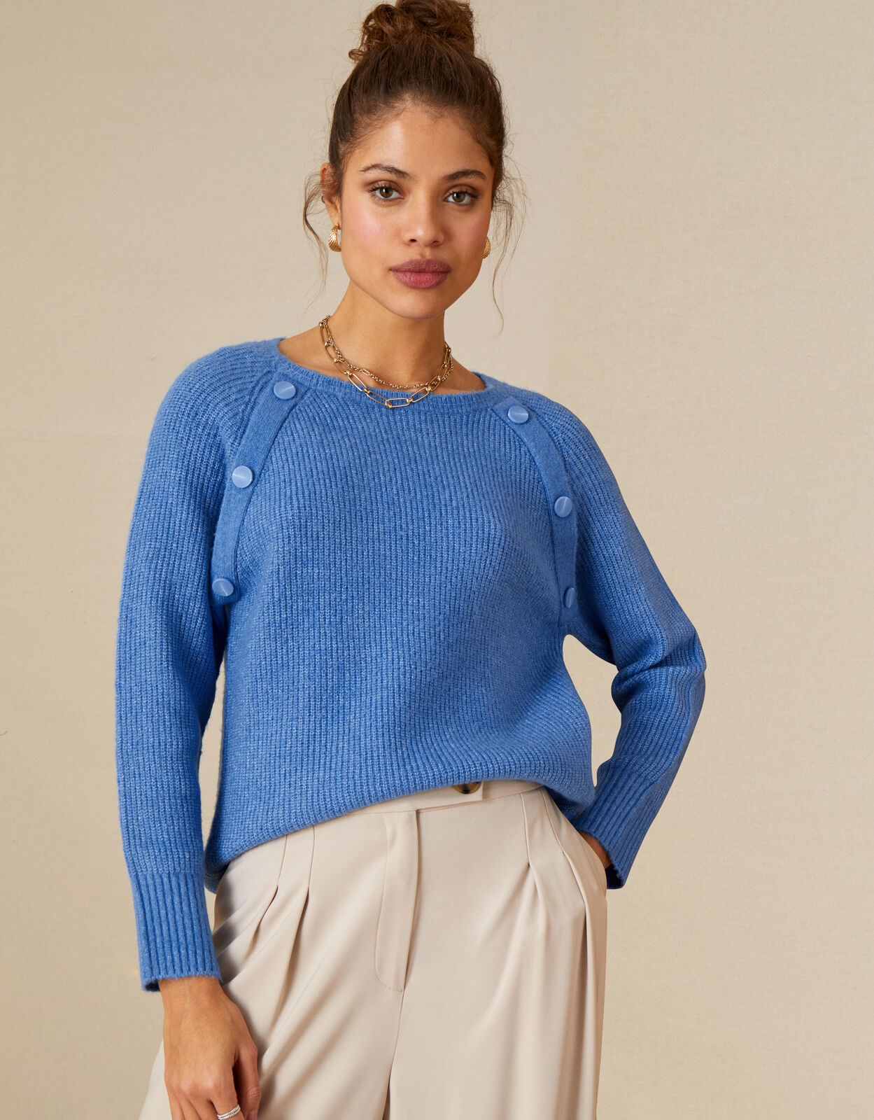 Rib Plain Big Button Detail Jumper Blue