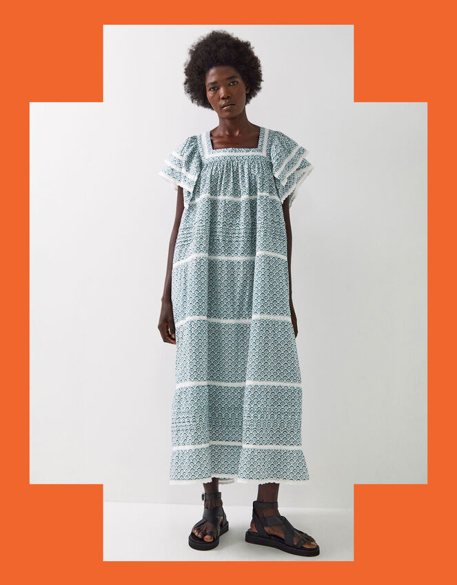 East Duva Print Tiered Smock Dress, Blue (BLUE), large