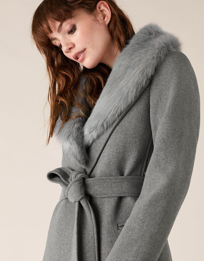 Faux Fur Collar Coat in Wool Blend, Grey (GREY), large