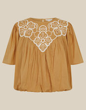 Delta Embroidered Bubble Hem Top, Camel (CAMEL), large