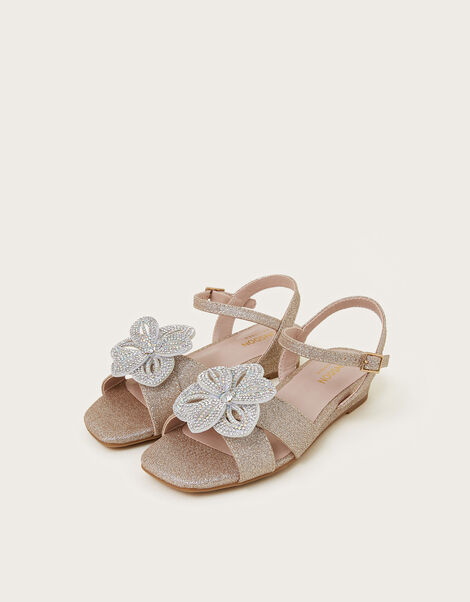 Diamante Flower Glitter Wedge Sandals, Gold (GOLD), large
