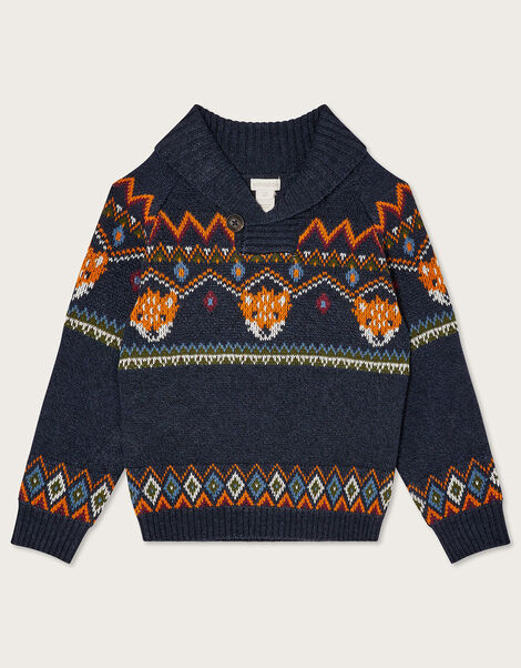 Fox Intarsia Knit Jumper, Blue (NAVY), large