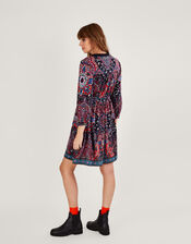 Velvet Trim Printed Short Jersey Dress, Blue (NAVY), large