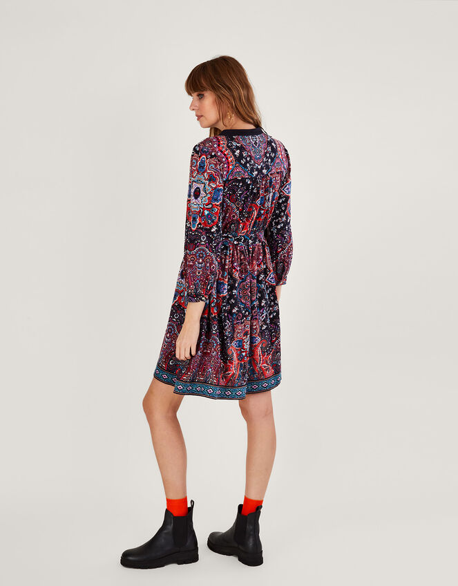 Velvet Trim Printed Short Jersey Dress, Blue (NAVY), large