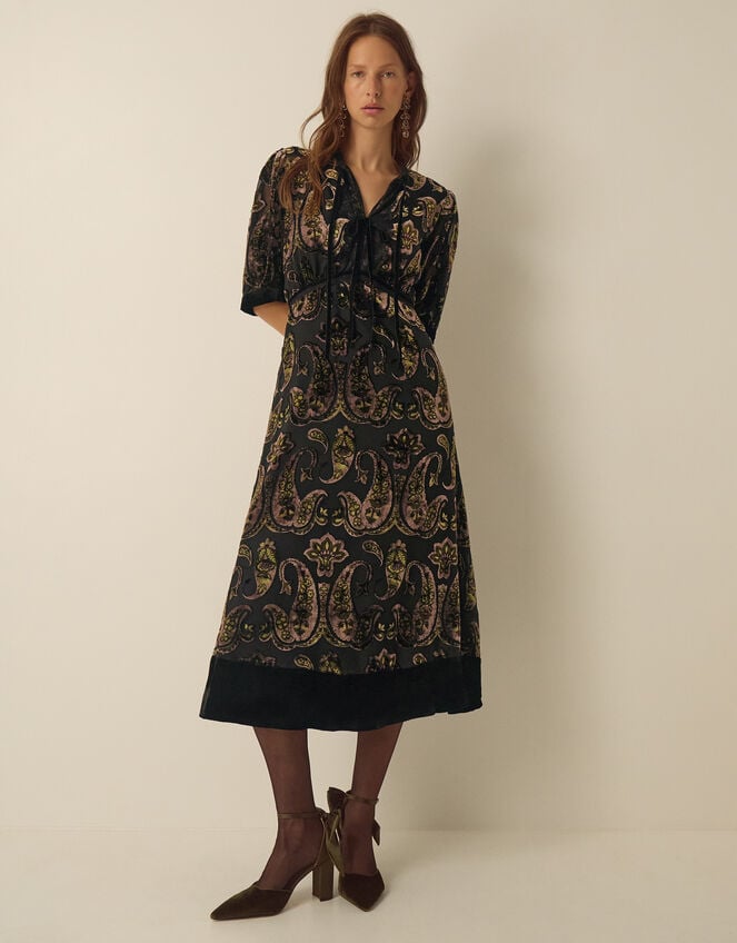 Jaz V-Neck Paisley Devor&eacute; Midi Dress, Green (OLIVE), large