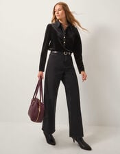 Clay Collar Stretch Velvet Blouse, Black (BLACK), large