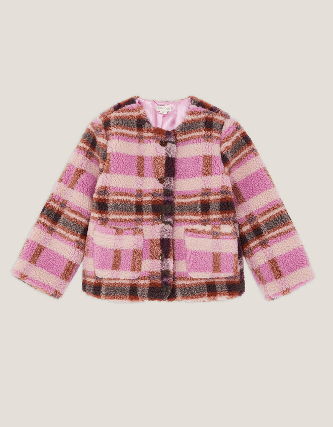 Check Print Borg Jacket, Pink (PINK), large