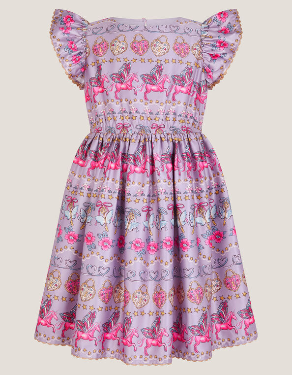 Magical Unicorn Print Satin Dress, Purple (PURPLE), large