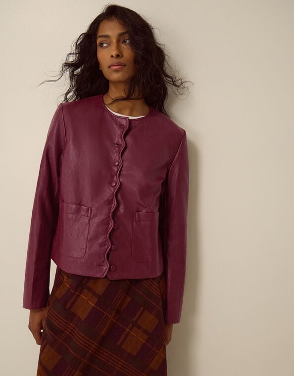 Penelope Scallop Faux Leather Jacket, Red (BERRY), large