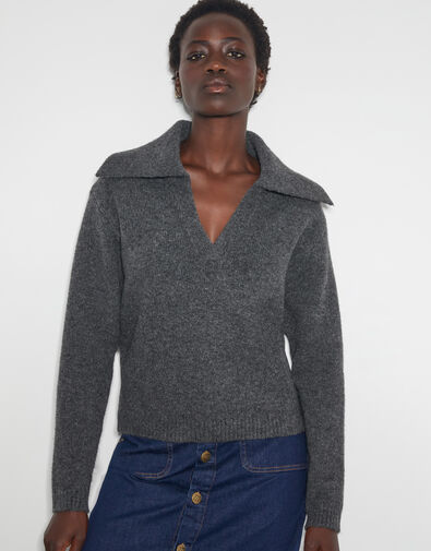 Clover V-Neck Collar Sweater, Gray (CHARCOAL), large