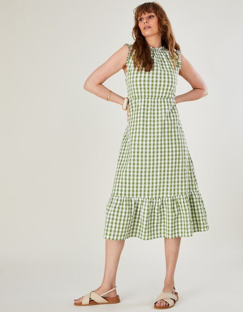 Gingham Print Tiered Dress, Green (GREEN), large