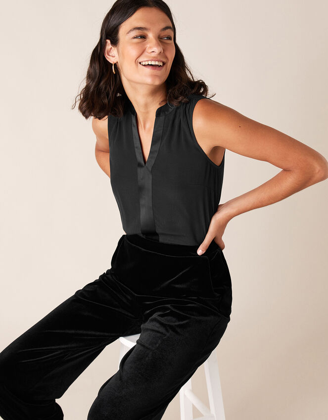 Satin Trim Sleeveless Blouse with LENZING™ ECOVERO™, Black (BLACK), large