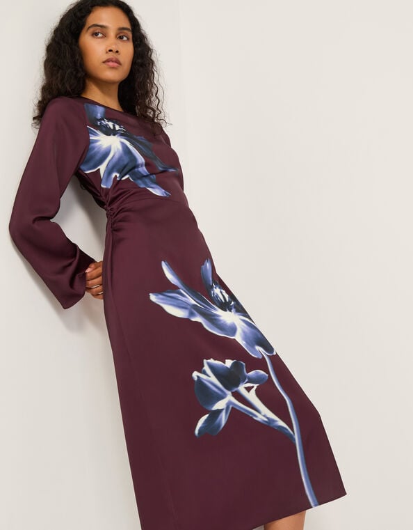 Polly Floral Print Midi Dress, Red (BURGUNDY), large