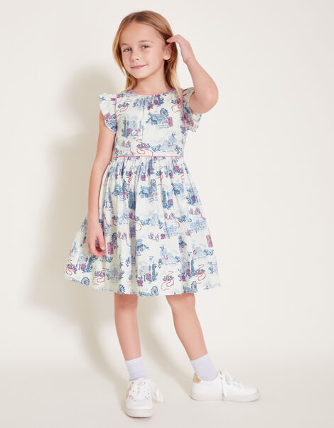London Print Frilly Cotton Dress, White (WHITE), large