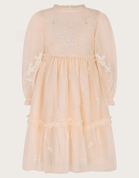 Elena Long Sleeve Floral Embroidered Tulle Dress, Pink (PALE PINK), large