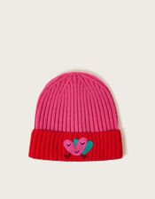 Embroidered Heart Colour Block Ribbed Beanie, Red (RED), large