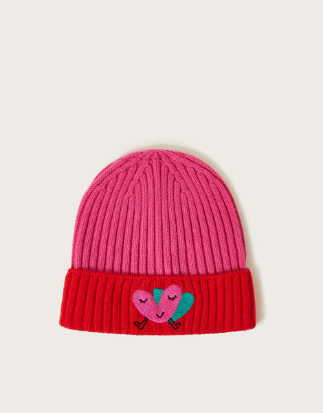 Embroidered Heart Colour Block Ribbed Beanie, Red (RED), large