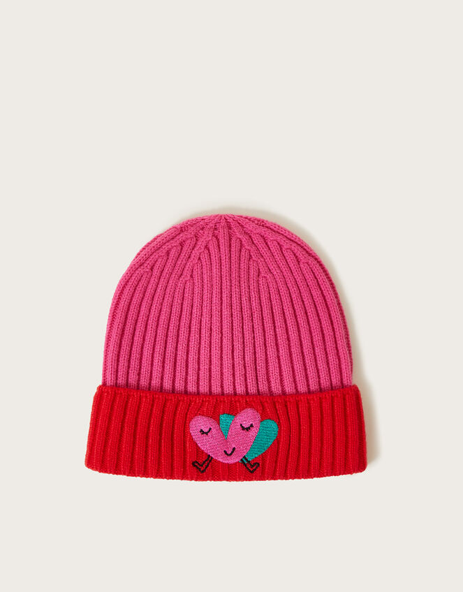 Embroidered Heart Colour Block Ribbed Beanie, Red (RED), large