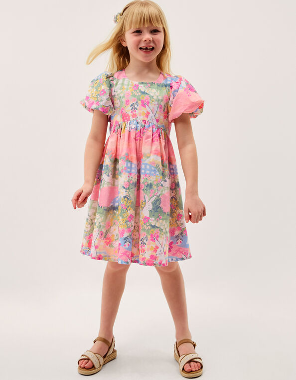 Bunny Scene Puff Sleeve Dress, Yellow (YELLOW), large