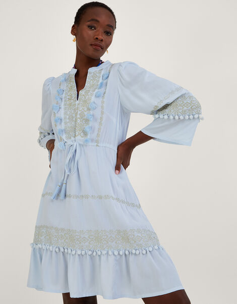 Embroidered Pom-Pom Kaftan Dress in LENZING™ ECOVERO™ , Blue (BLUE), large
