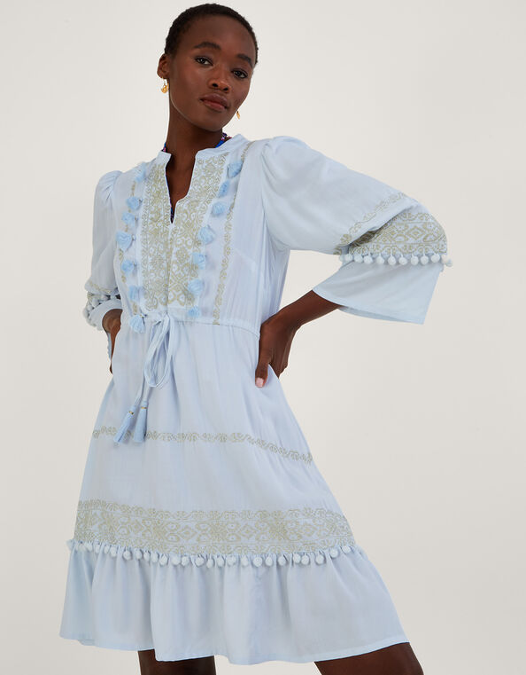 Embroidered Pom-Pom Kaftan Dress in LENZING™ ECOVERO™ , Blue (BLUE), large