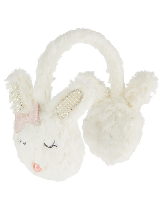 Pearl Fluffy Bunny Earmuffs, , large