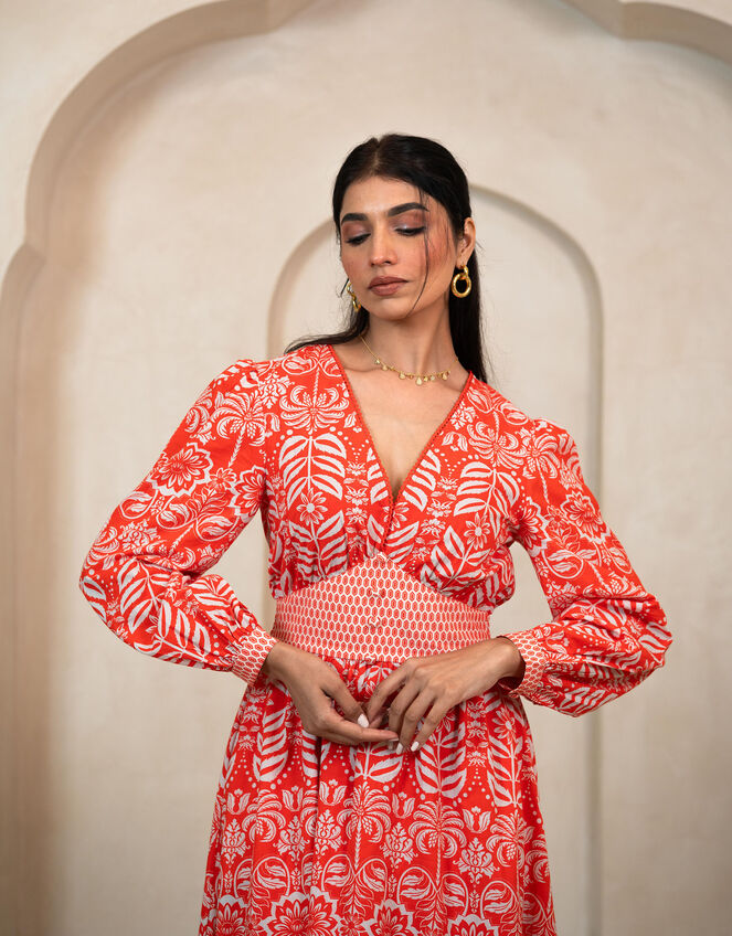 India & Mills Pippa Tropic Midi Dress, Red (RED), large