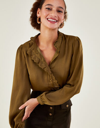 Satin Scallop Trim Blouse with Recycled Polyester, Green (OLIVE), large