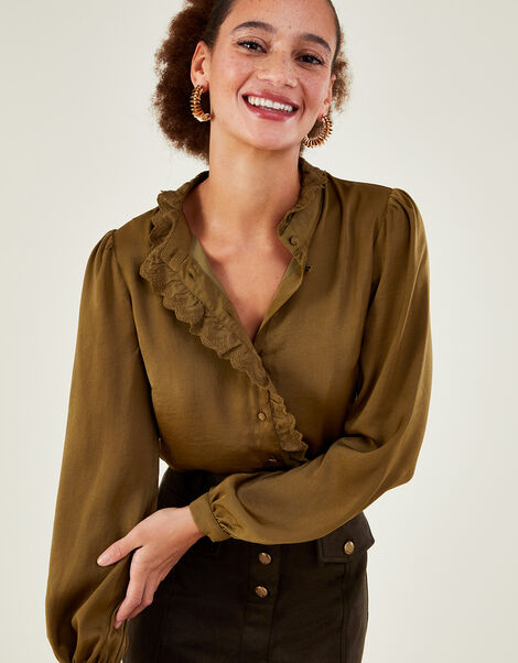 Satin Scallop Trim Blouse with Recycled Polyester Green, Green (OLIVE), large