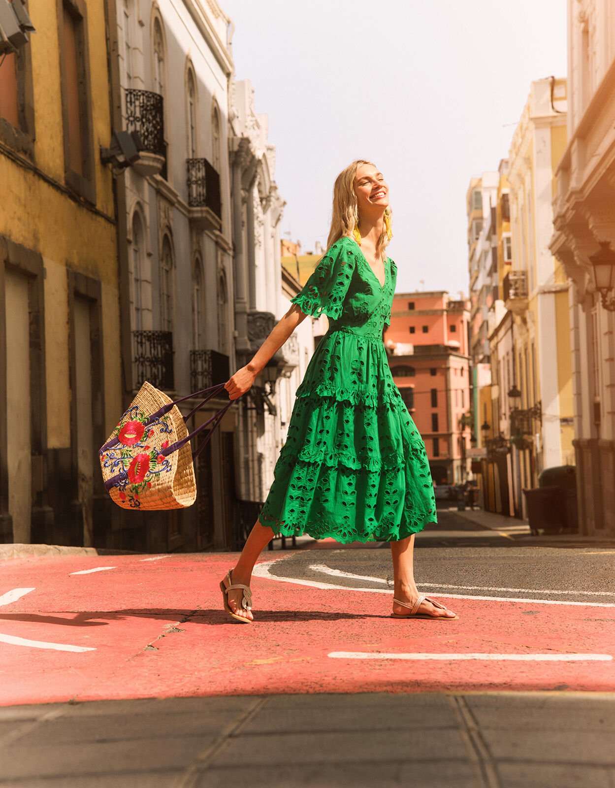 V Neck Tiered Broderie Dress Green