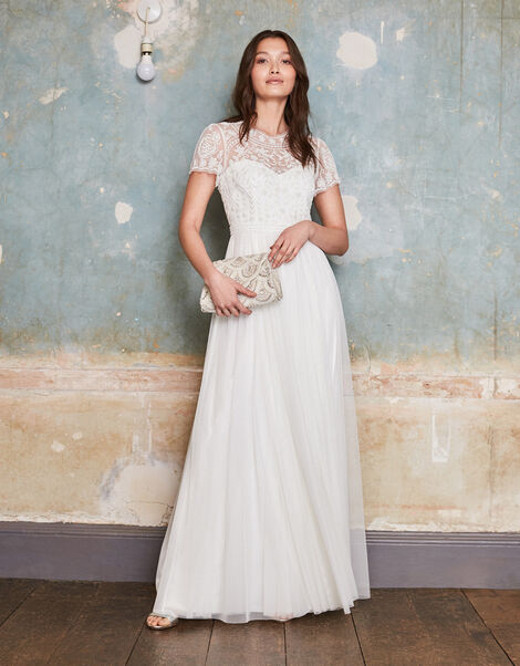 Olive Floral Embellished Tulle Bridal Dress Ivory, Ivory (IVORY), large