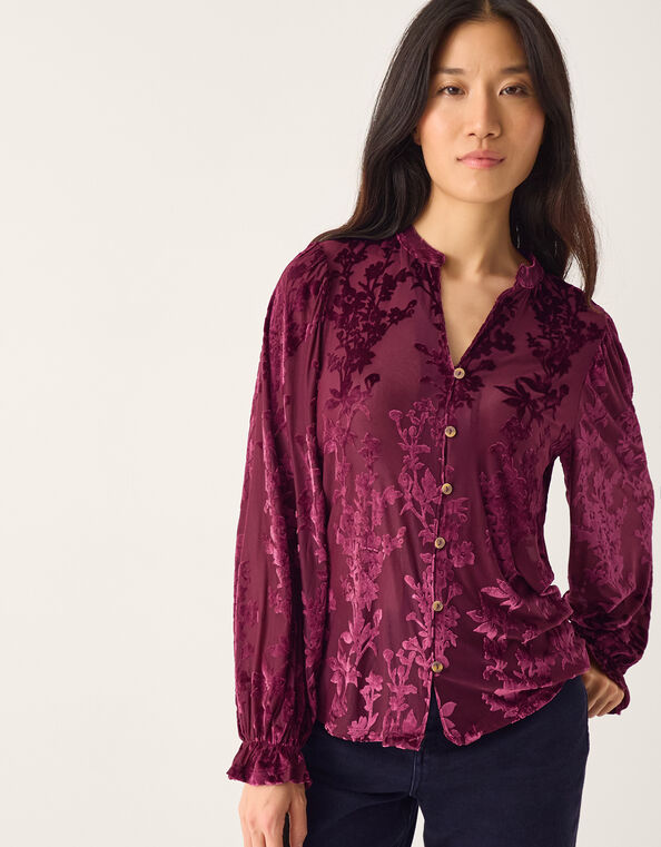 Denva Devoré V-Neck Blouse, Red (BERRY), large
