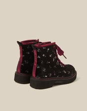 Floral Velvet Lace-Up Boots, Black (BLACK), large