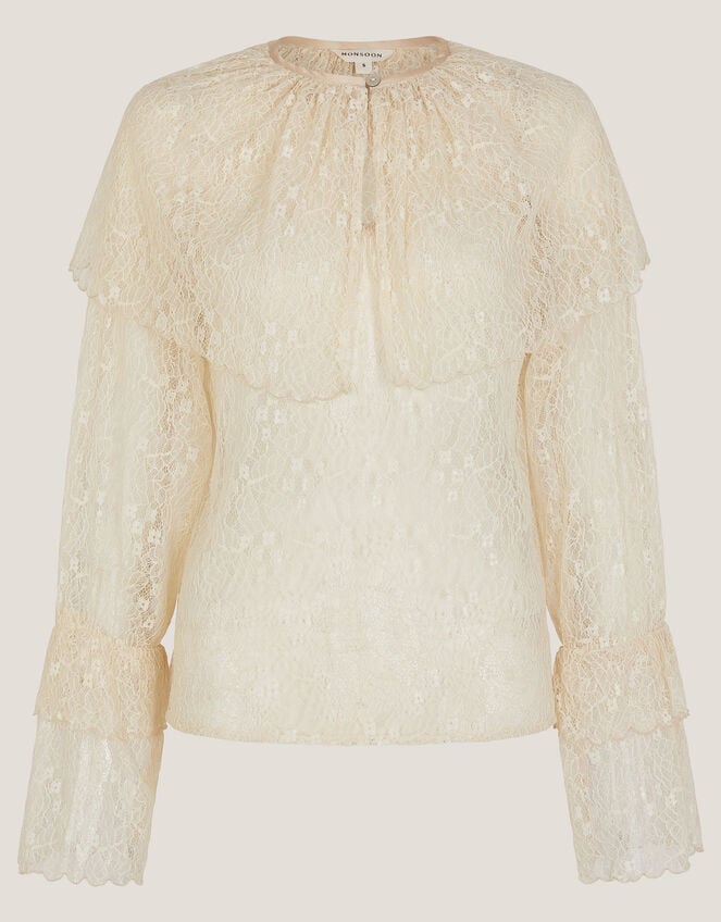 Monsoon x Sarah Corbett-Winder Oversized Collar Lace Blouse, Cream (CREAM), large