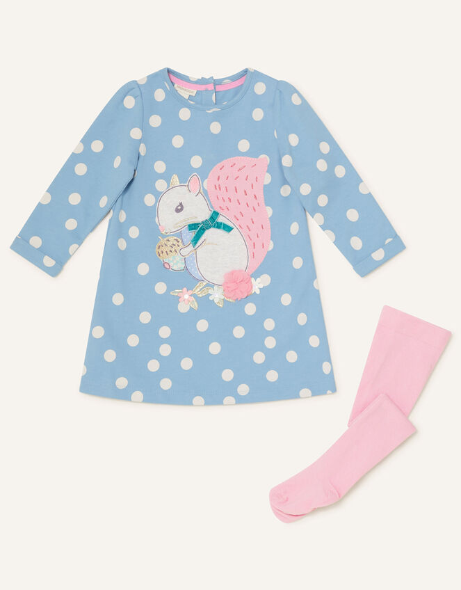 Baby Squirrel Sweat Dress and Tights, Blue (BLUE), large