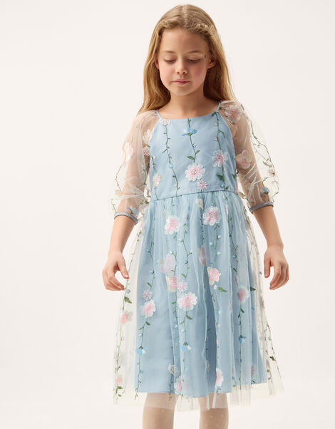 Willow Long Sleeve Embroidered Party Dress, Blue (BLUE), large