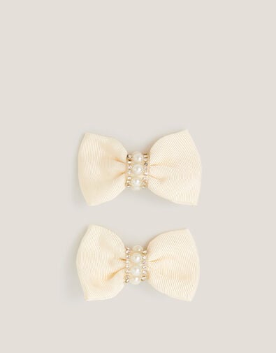 2-Pack Pearl Embellished Bow Hair Clips, Ivory (IVORY), large