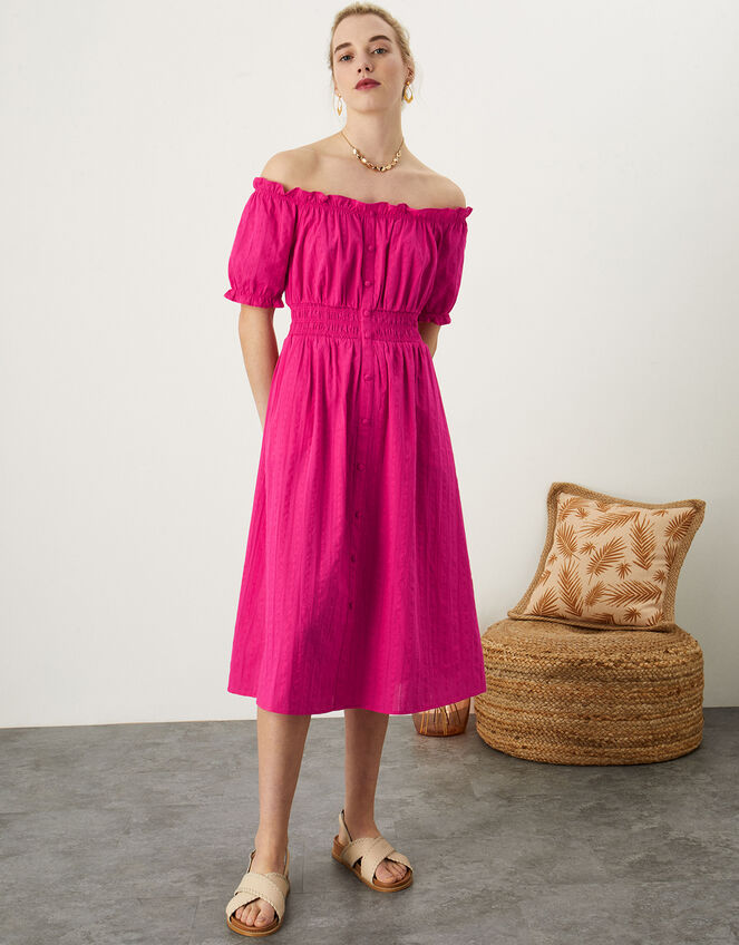 Bardot Shirred Waist Textured Dress, Pink (PINK), large