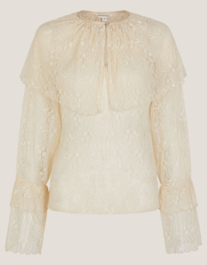 Monsoon x Sarah Corbett-Winder Oversized Collar Lace Blouse, Cream (CREAM), large