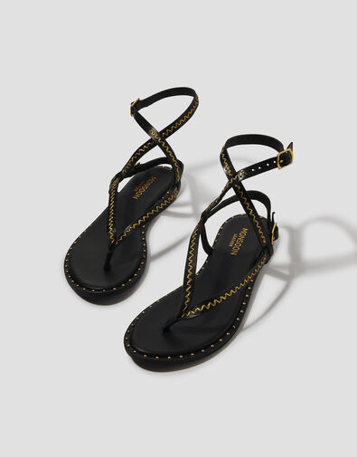 Cleo Stud Leather Strappy Flip Flop Sandals, Black (BLACK), large