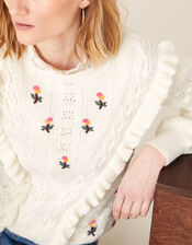 Embroidered Chunky Knit Jumper, Ivory (IVORY), large