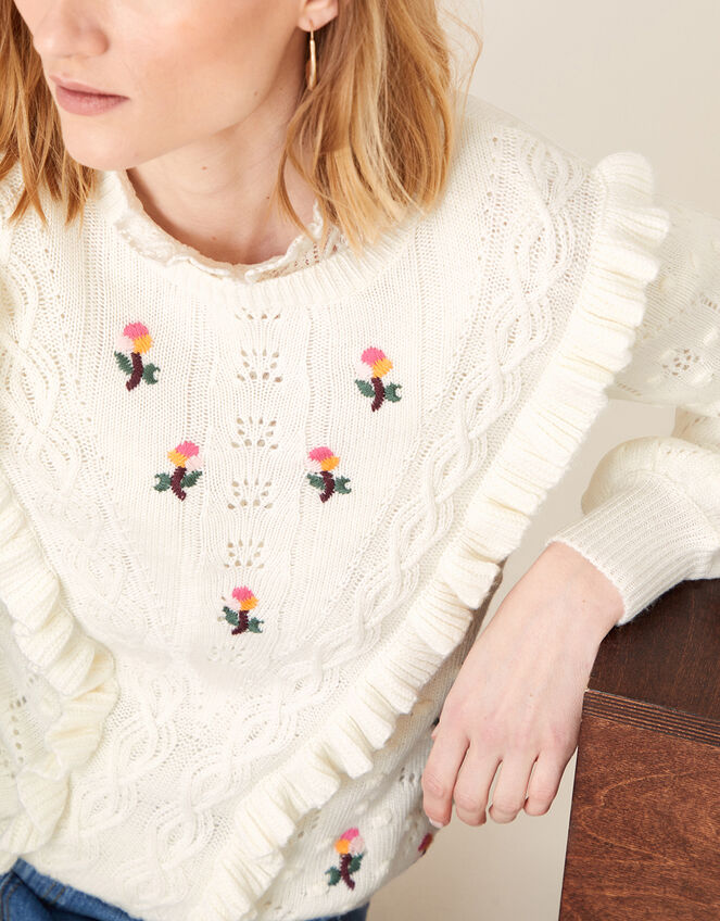 Embroidered Chunky Knit Jumper, Ivory (IVORY), large