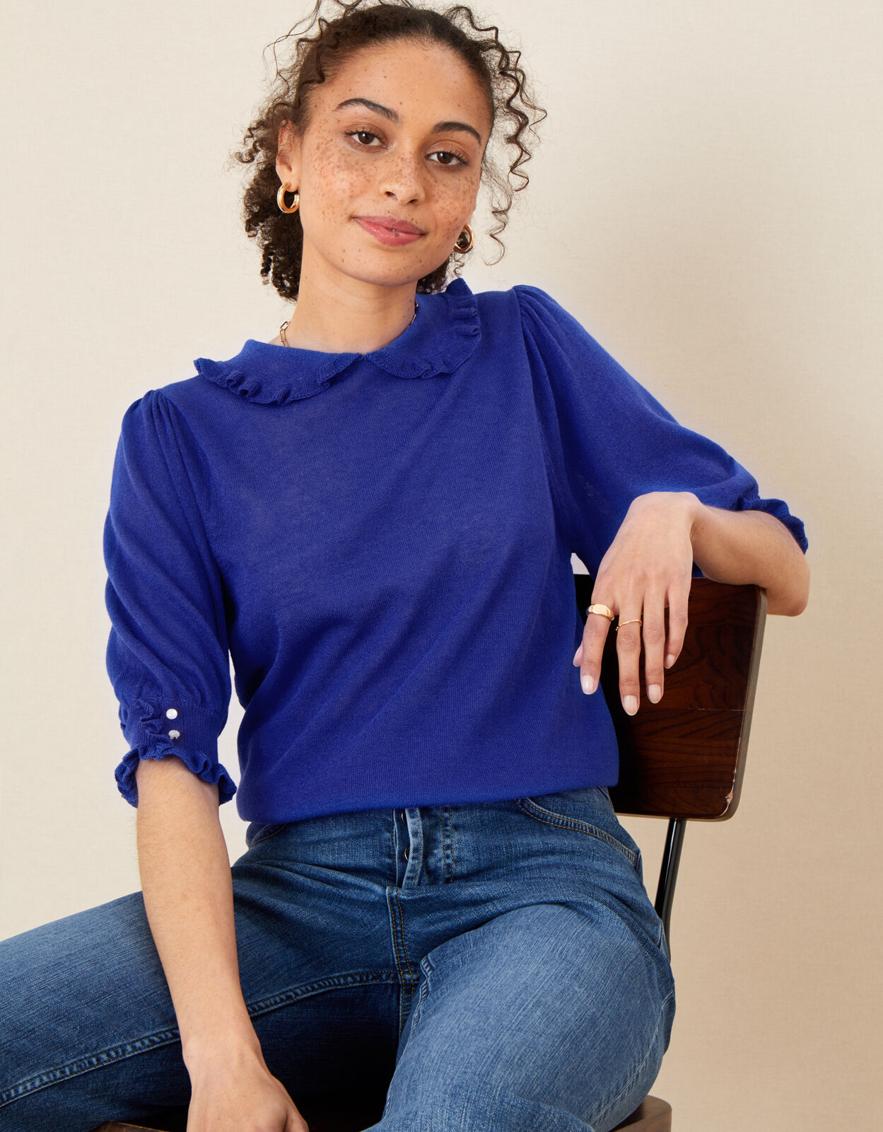 Ruffle Collar Jumper in Linen Blend Blue Jumpers Monsoon Global
