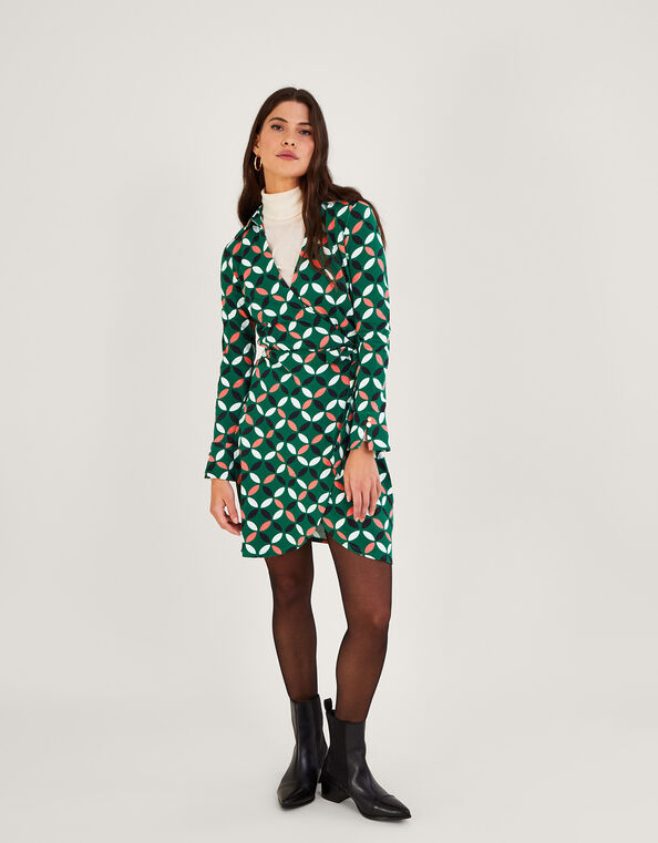 Geometric Print Wrap Tie Side Jersey Dress, Green (GREEN), large